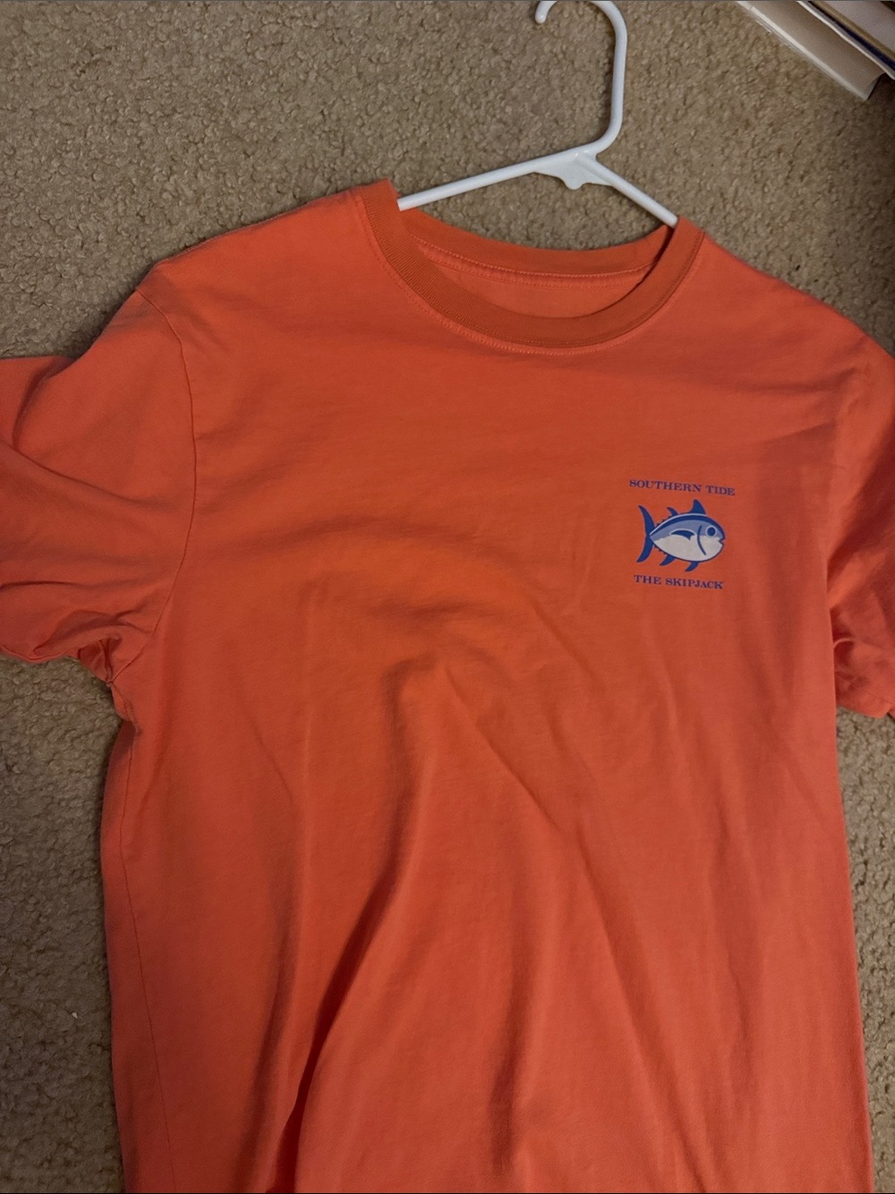 Southern Tide Men’s Coral-Orange Short Sleeve Tee with Blue Fish Logo